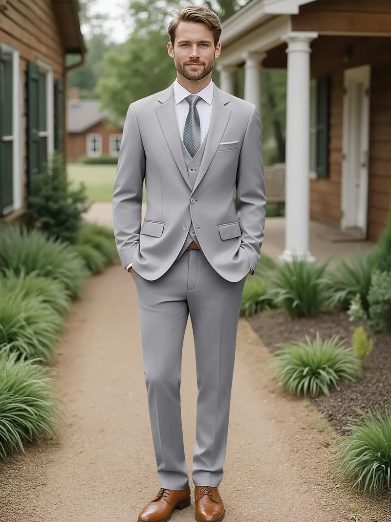 WEEN CHARM بدلات WEEN CHARM للرجال، مجموعة بدلة مكونة من 3 قطع بتصميم نحيف مع سترة ذات زرين، سترة، بنطلون، توكسيدو لحفلات الزفاف، الحفلات، المناسبات، الأعمال باللون الرمادي الفاتح - Image 4